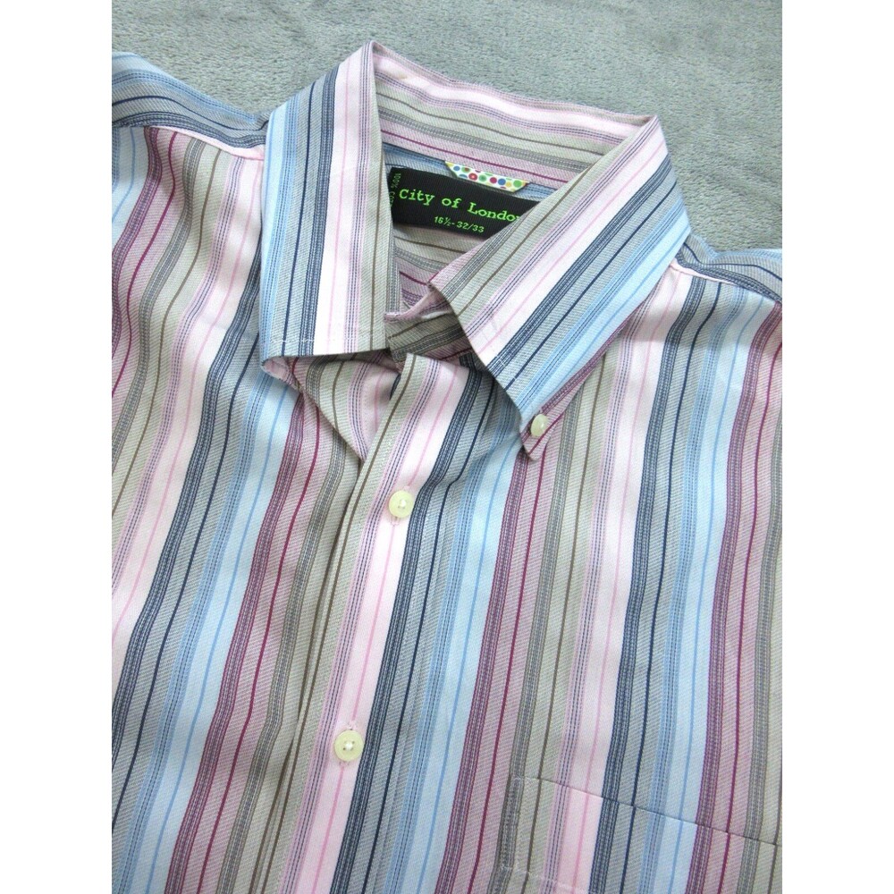 City of London Men's Sz. 16.5 32/33 Shirt Buttoned Down Striped Blue Pink